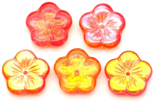 5pc 14mm Czech Pressed Glass 5-Petal Flower Beads, Crystal Magma (Yellow/Orange/Pink)