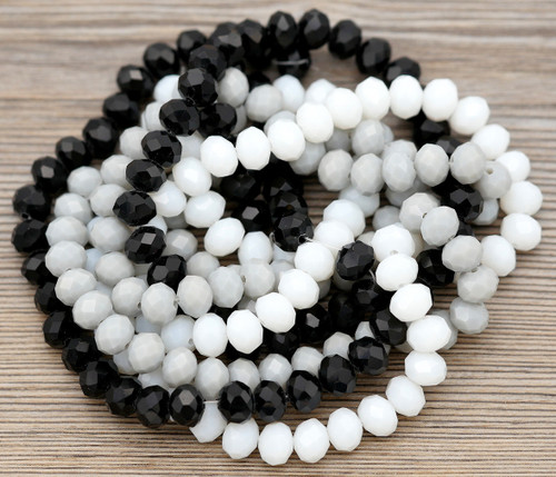 Set of 3- 16" Strands 8x6mm Crystal Faceted Rondelle Beads, Classy Mix (Opaque White/Black/Gray)