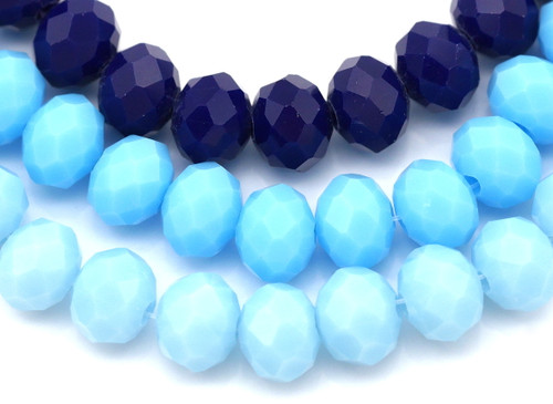 Set of 3- 15" Strands 8x6mm Crystal Faceted Rondelle Beads, Ocean Mix (Opaque Navy/Sky Blue/Ice Blue)