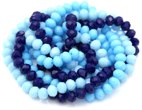 Set of 3- 15" Strands 8x6mm Crystal Faceted Rondelle Beads, Ocean Mix (Opaque Navy/Sky Blue/Ice Blue)