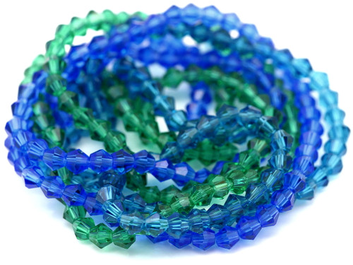 Set of 3- 13" Strands of 4mm Crystal Faceted Bicone Beads, Ocean Blues Mix (Medium Sapphire/Capri Blue/Teal)