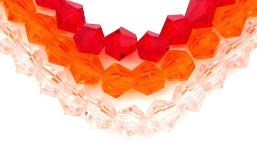 Set of 3- 13" Strands of 4mm Crystal Faceted Bicone Beads, Passion Mix (Ruby Red/Tangerine/Light Rose)