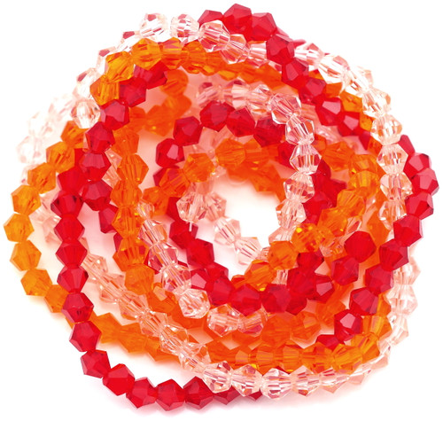 Set of 3- 13" Strands of 4mm Crystal Faceted Bicone Beads, Passion Mix (Ruby Red/Tangerine/Light Rose)