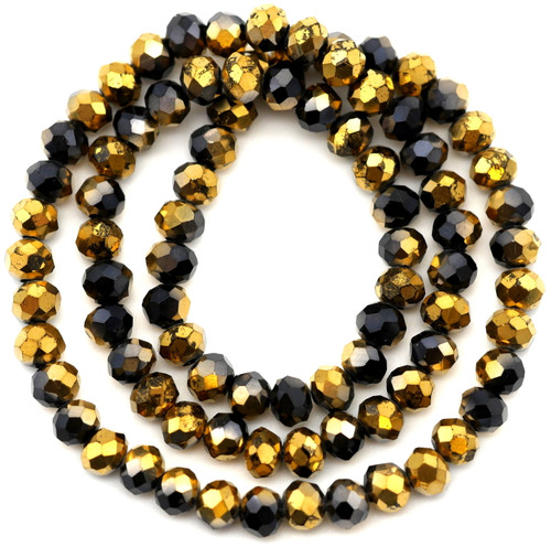 Approx. 16" Strand Crystal Faceted Rondelle Beads, Black/Gold