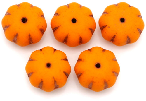 5pc 11x8mm Czech Pressed Glass Fluted Pumpkin Beads, Matte Opaque Orange/Copper Wash