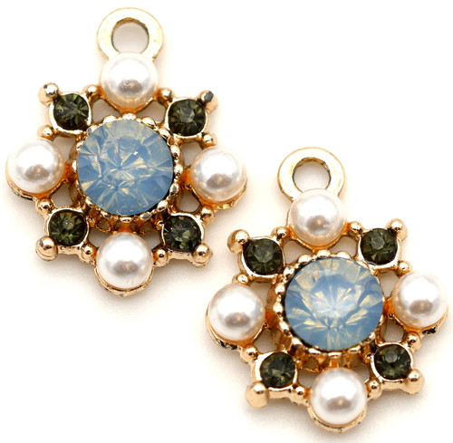 2pc 18x15mm Rhinestone & Acrylic Pearl Vintage-Style Gold Flower Charm, Blue Opal