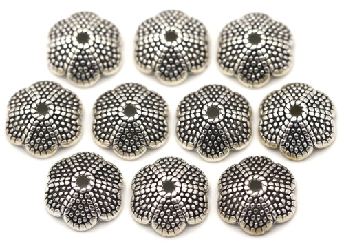 10pc 13.5mm Dotted 6-Petal Bead Caps, Antique Silver