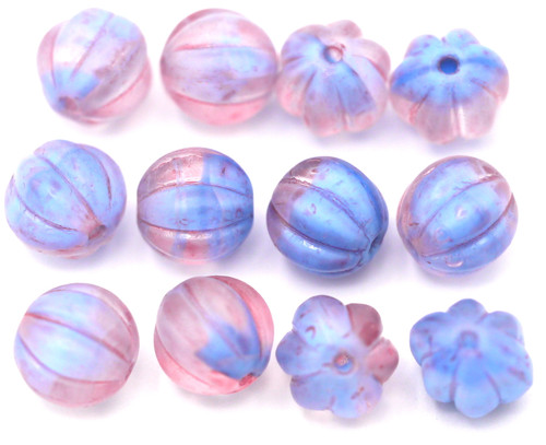 12pc 8mm Czech Pressed Glass Melon Beads, Crystal & Cornflower Swirl/Pink Wash