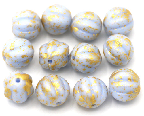 12pc 8mm Czech Pressed Glass Melon Beads, Opaque Ice Blue/Gold Splash