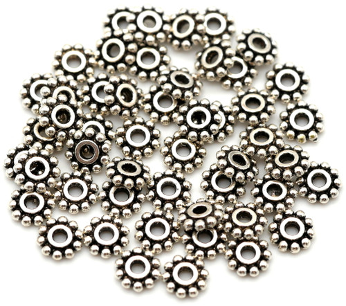 50pc 7mm Dotted Rondelle Spacer Beads, Antique Silver
