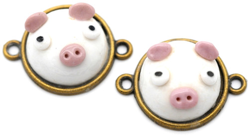 2pc 19x25mm Handmade Porcelain Piggy Links, Antique Bronze