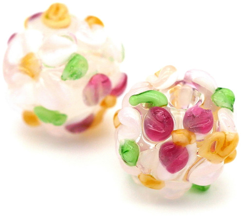 2pc Approx. 12x11mm Handmade Floral Lampwork Glass Round Beads, Pink