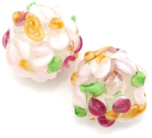 2pc Approx. 12x11mm Handmade Floral Lampwork Glass Round Beads, Pink