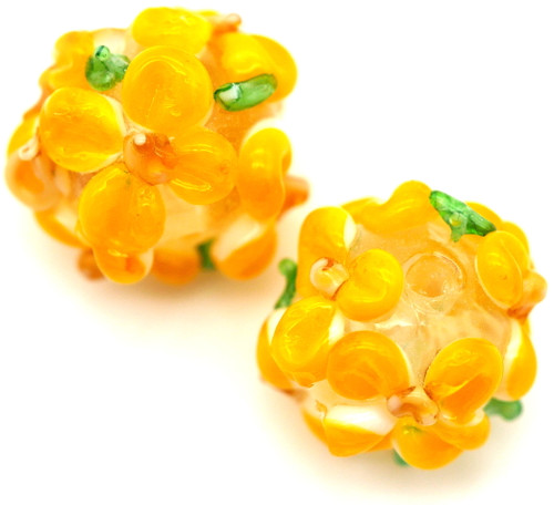 2pc Approx. 12x11mm Handmade Floral Lampwork Glass Round Beads, Gold