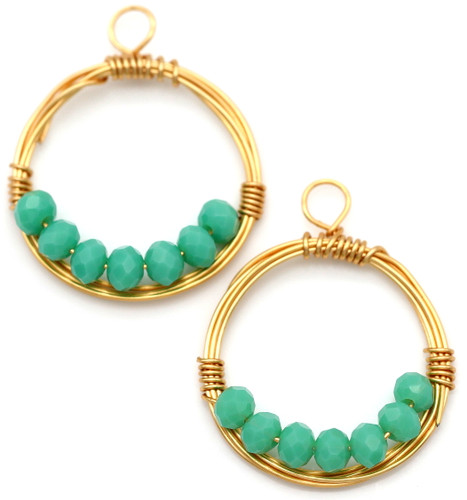 2pc Approx. 25x21mm 18k Gold-Plated Copper Wire Wreath Charms w/Crystal Beaded Accents, Turqoise Green