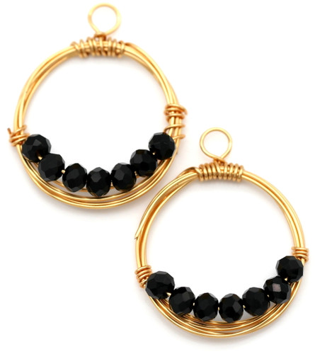 2pc Approx. 25x21mm 18k Gold-Plated Copper Wire Wreath Charms w/Crystal Beaded Accents, Jet Black