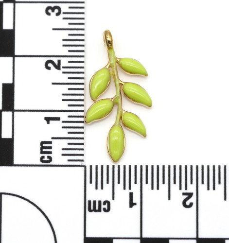 2pc 24.5x1mm Enameled Leafy Branch Charms, Gold/Green