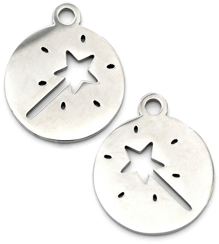 2pc 14x12mm Stainless Steel Laser-Cut Magic Wand Charms
