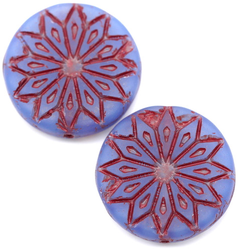 2pc 18mm Czech Pressed Glass Geometric Flower Coin Beads, Matte Blue Opal/Red Wash