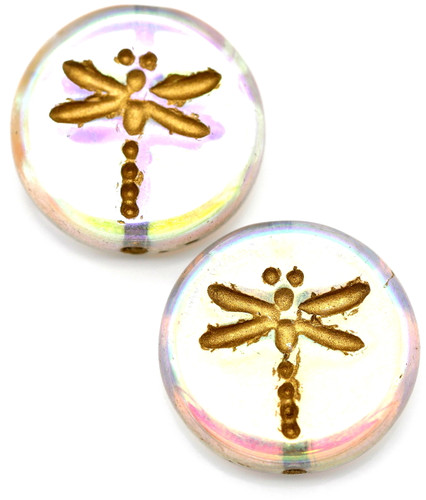 2pc 17mm Czech Pressed Glass Dragonfly Coin Beads, Crystal Full AB w/Gold Wash