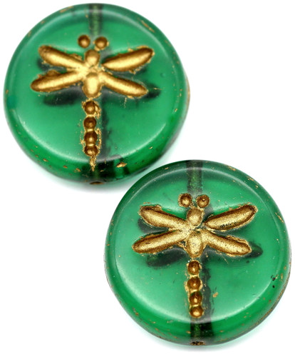 2pc 17mm Czech Pressed Glass Dragonfly Coin Beads, Transparent Light Emerald w/Gold Wash