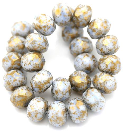 25pc Strand 7x5mm Czech Fire-Polished Glass Faceted Rondelle Beads, Ice Blue w/Gold Splash