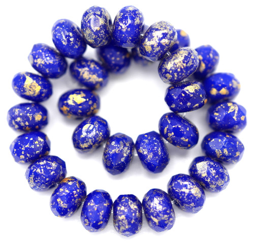 30pc Strand 5x3mm Czech Fire-Polished Faceted Rondelle Beads, Indigo/Gold Splatter