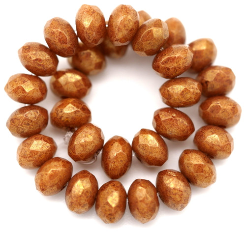 30pc 3x5mm Czech Fire-Polished Glass Faceted Rondelle Beads, Light Sienna/Topaz Gold Luster