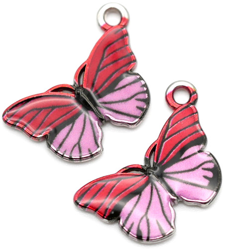2pc 20x14mm Enamel Butterfly Charms, Magenta/Pink/Silver
