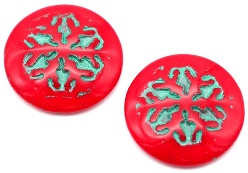 2pc 21mm Czech Pressed Glass Snowflake Cabochon (Undrilled), Opaque Red Coral w/Teal Wash