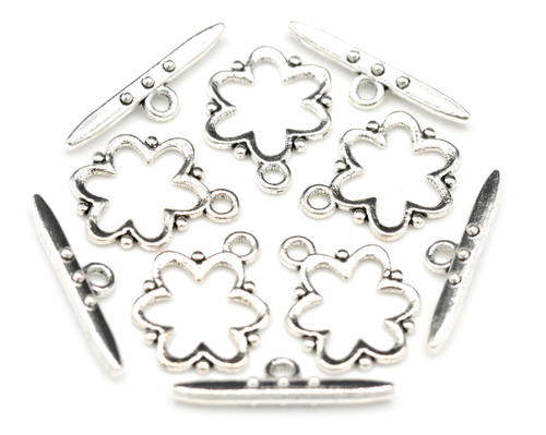 5pc 19x24mm Dotted Flower Toggle Clasps, Antique Silver