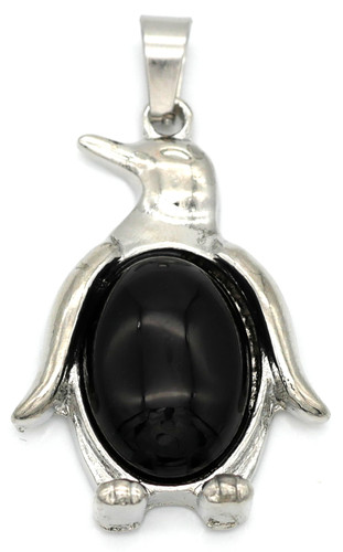 34x23mm Black Onyx Penguin Pendant, Antique Silver
