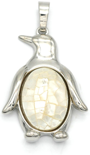34x23mm White Freshwater Shell Mosaic Penguin Pendant, Antique Silver