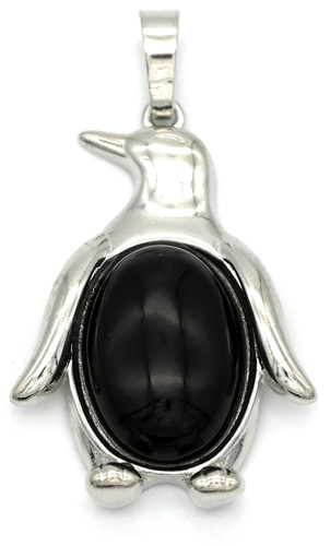 34x23mm Black Agate (Dyed) Penguin Pendant, Antique Silver