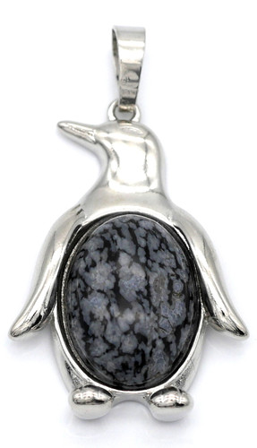 34x23mm Snowflake Obsidian Penguin Pendant, Antique Silver
