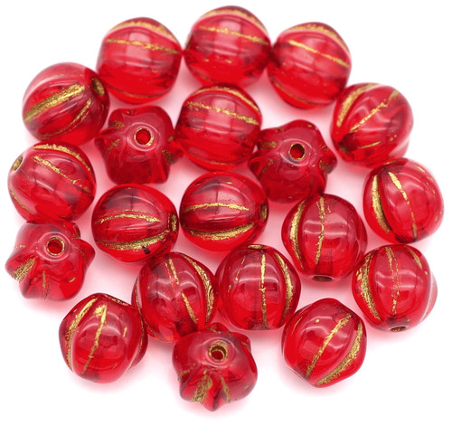 20pc 6mm Czech Pressed Glass Melon Beads, Light Ruby w/Gold Wash