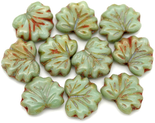 10pc 13x11mm Czech Pressed Glass Maple Leaf Beads, Tea Green w/Travertine