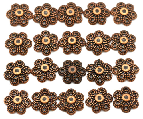 20pc 12mm Dotted 6-Petal Flower Bead Caps, Antique Copper