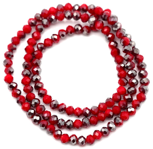 17" Strand 4x3mm Faceted Rondelle Crystal Beads, Opaque Red/Antique Silver