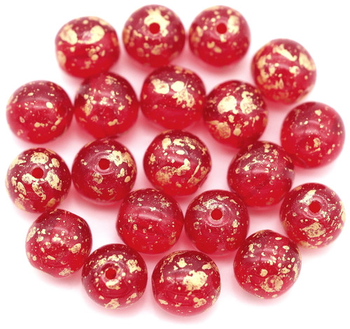 20pc 6mm Czech Druk Round Beads, Ruby Red w/Gold Splash