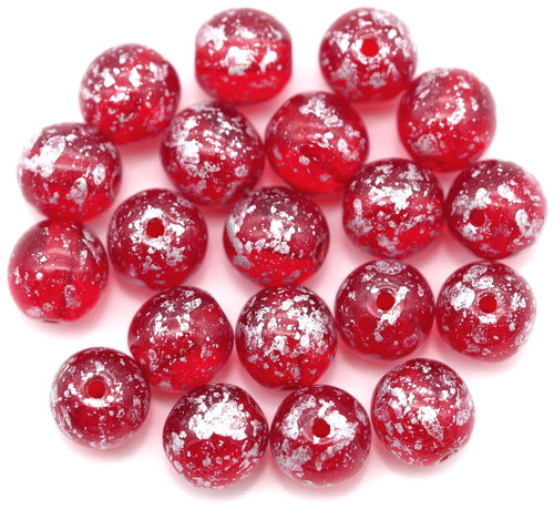 20pc 6mm Czech Druk Round Beads, Ruby Red w/Silver Splash