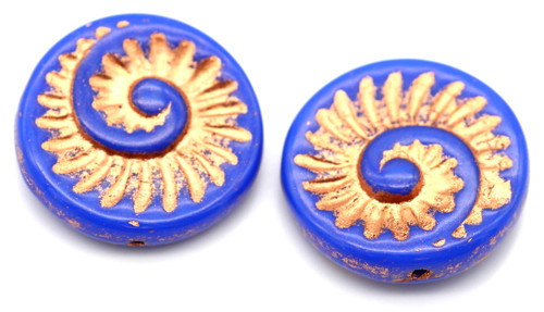 2pc 19mm Czech Pressed Glass Textured Fossil Coin Beads, Opaque Royal Blue/Rose Gold