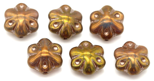 6pc 11mm Czech Pressed Glass Rustic Flower Beads, Crystal & Teal Swirl w/Red Luster & Antique Bronze Wash