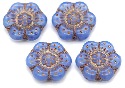 4pc 14mm Czech Pressed Glass Wild Rose Flower Beads, Blue Opal w/Rose Gold & Bronze Wash