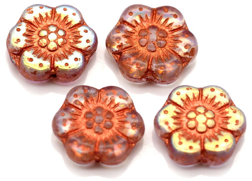 4pc 14mm Czech Pressed Glass Wild Rose Flower Beads, Crystal AB w/Copper Wash