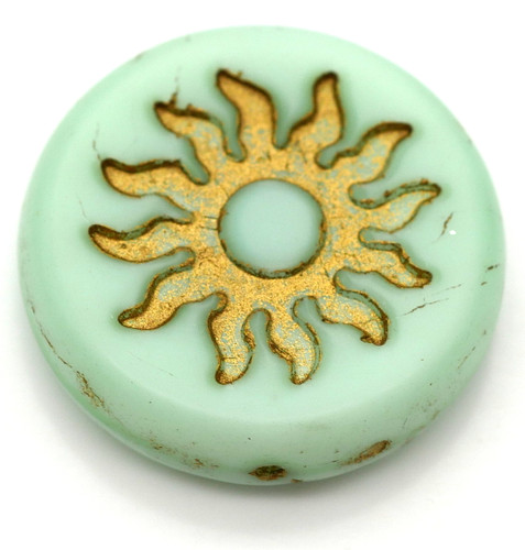 1pc 22mm Czech Pressed Glass Sun Coin, Mint Silk w/Gold Wash