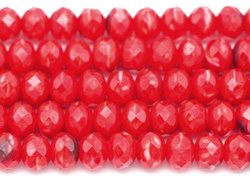 5" Strand (About 24pcs) 7x5mm Czech Fire-Polished Faceted Rondelle Beads, Vermillion Silk