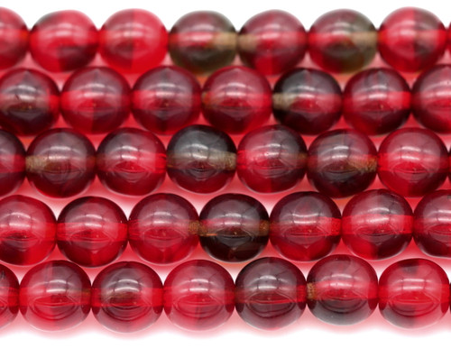 4.7" Strand (About 16pcs) 8mm Czech Pressed Glass Druk Round Beads, Ruby Red w/Brown Swirl