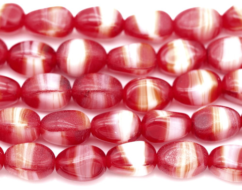 4.7" Strand (Approx. 10pcs) 12x9mm Czech Pressed Glass Pinched Barrel Beads, Striated Red & White