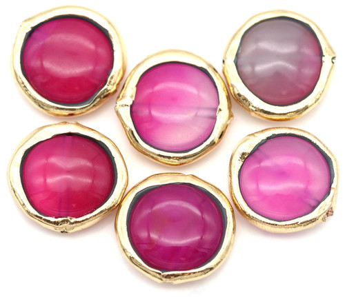 2pc Approx. 17-19mm Fuchsia Agate (Dyed/Heated) Coin Beads w/Golden Edge